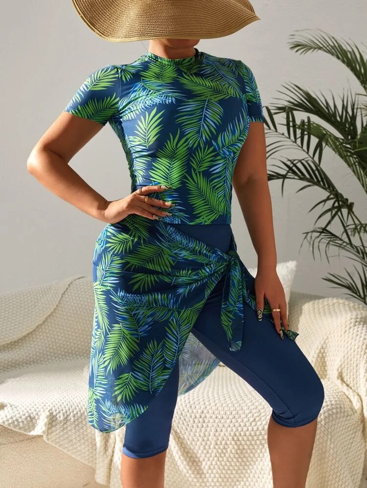 A NEW LEO Tankini Set Short Sleeve High Neck Tee & Leggings &  Knot Skirt & turbon  4 Piece Swimsuit