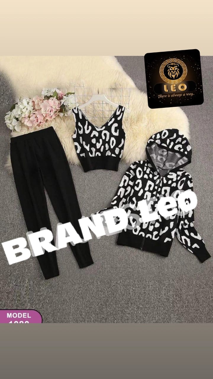 A LEO Debra 3 PIECES Sweater +Long Pants + jacket  ( طقم تريكوه 3 قطع سوت + بنطلون + جاكت         ( مقاس وان سايز من  60 كيلو ل  كيلو 85 