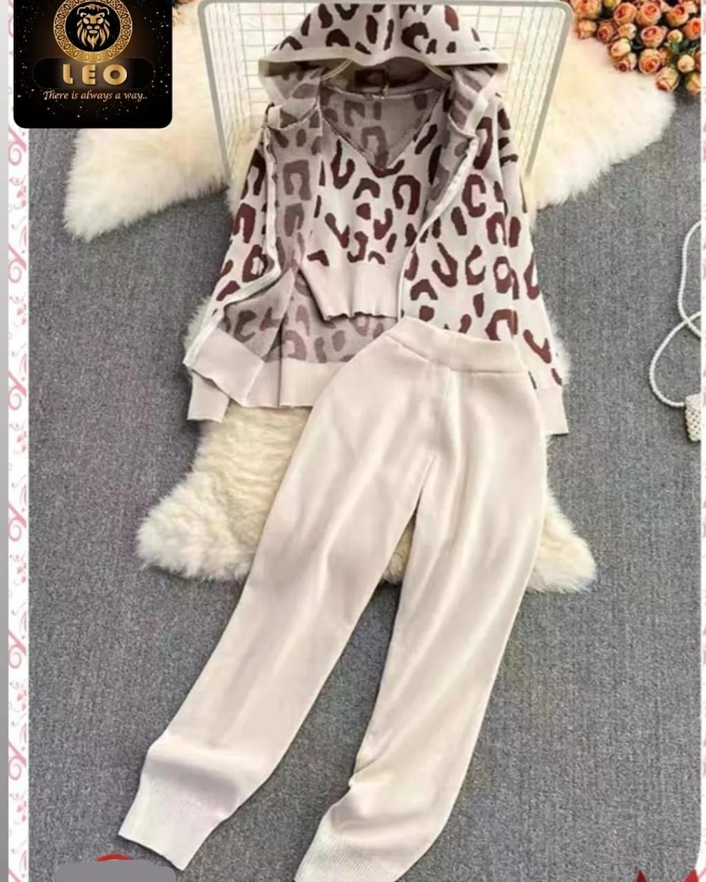 A LEO Debra 3 PIECES Sweater +Long Pants + jacket  ( طقم تريكوه 3 قطع سوت + بنطلون + جاكت         ( مقاس وان سايز من  60 كيلو ل  كيلو 85 