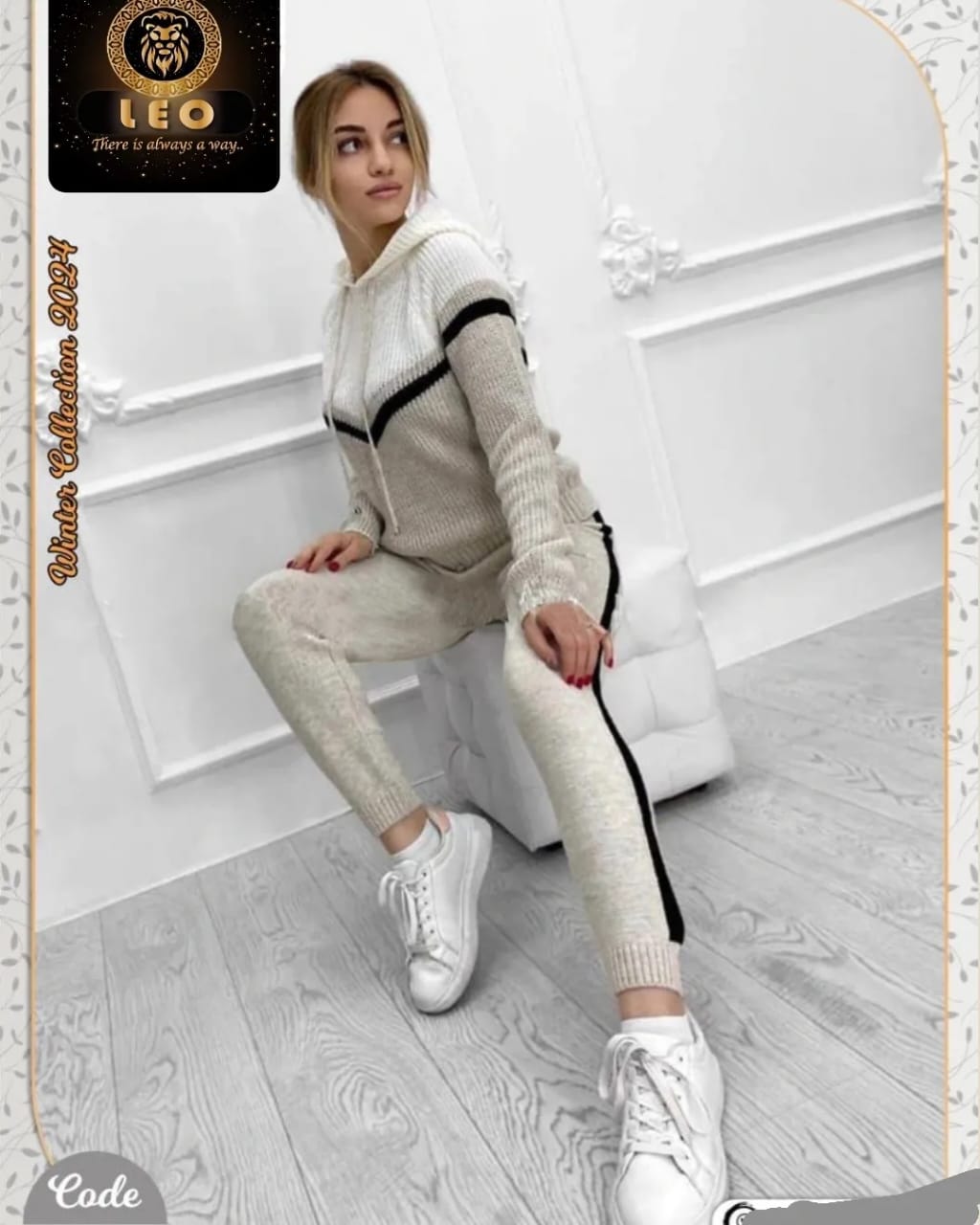 A LEO  Pants Suit Slim Fit + jacket knitted  طقم تريكوه لون قطعتيين سوت + بنطلون  وان سايز من 55ك ل 85ك