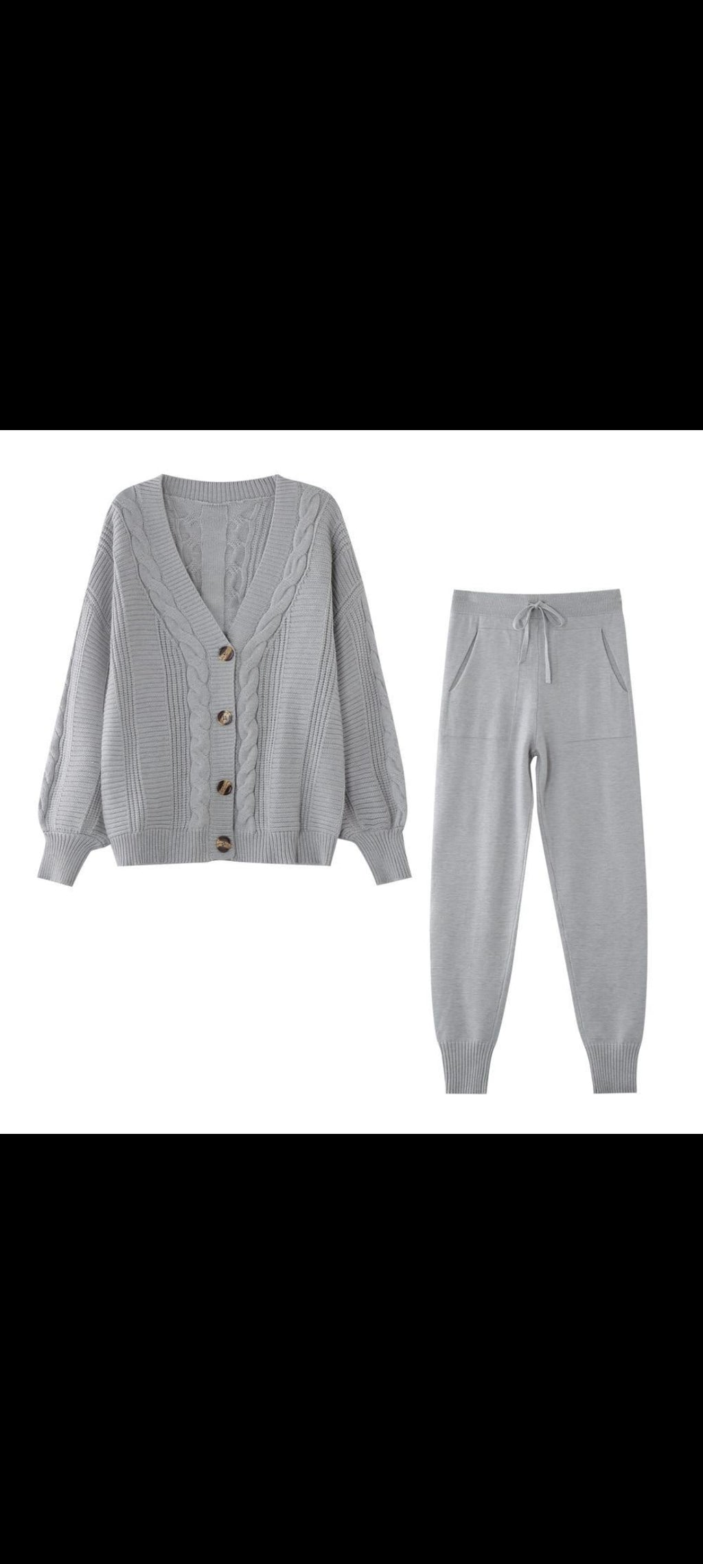 Debra Cardigan + Pants Suit Slim Fit  طقم تريكوه لون رمادي قطعتيين سوت + بنطلون  وان سايز من 55ك ل 85ك